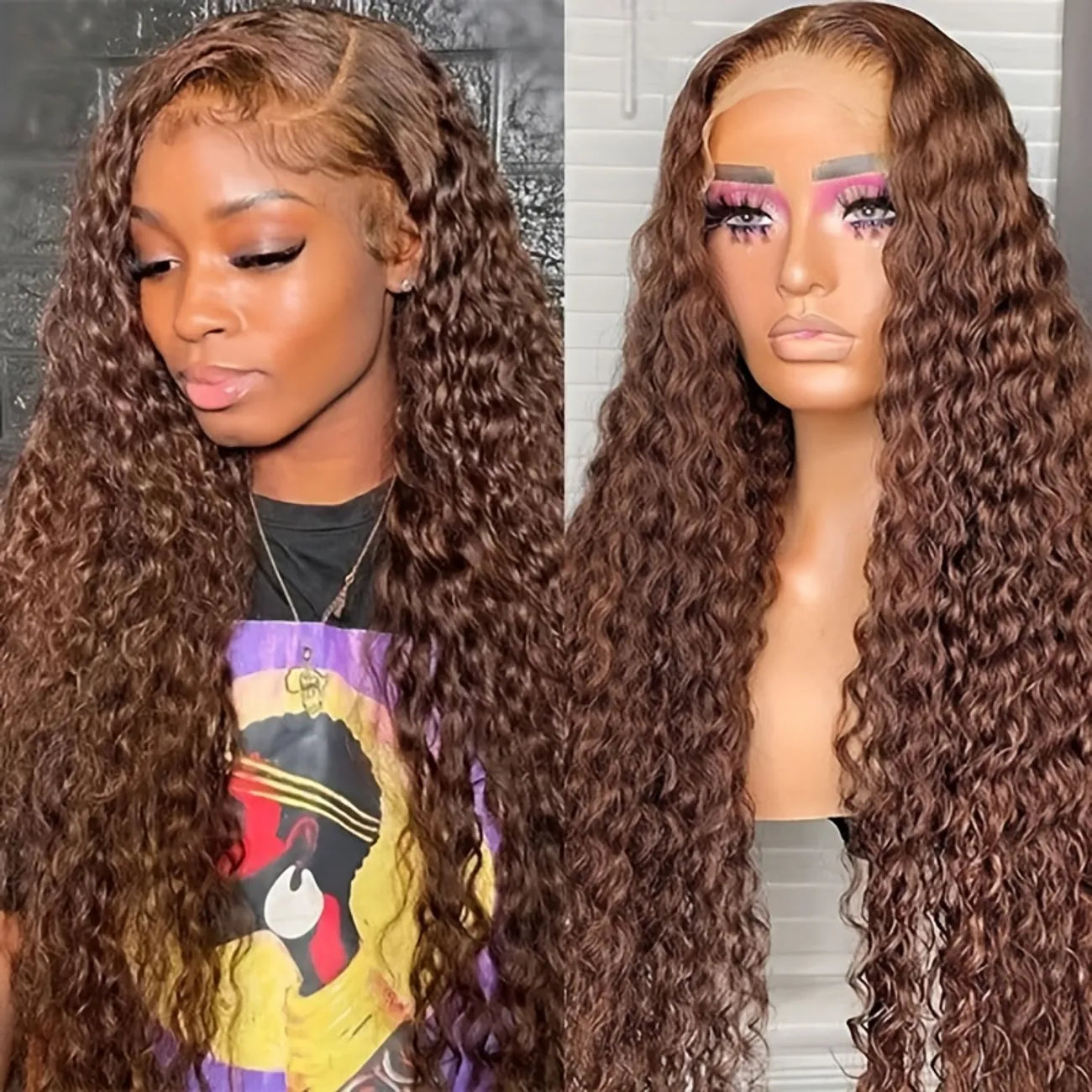 180% Chocolate Brown 13x4 Lace Front Deep Wave Curly Lace Front Human Hair Wig