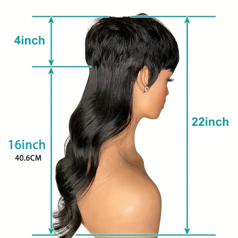 Natural Black Human Hair Body Wave Dovetail Mullet GluelessWig With Bangs in 16 Inches