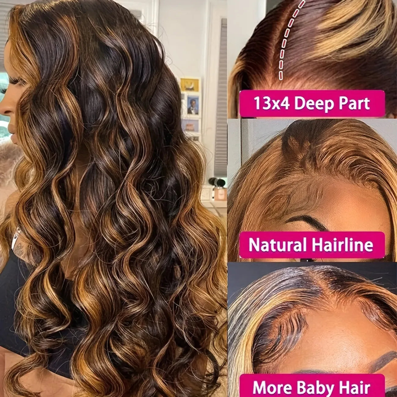 150% Ombré Highlights Honey Blonde 13x4 Lace Frontal Body Wave Human Hair Wig