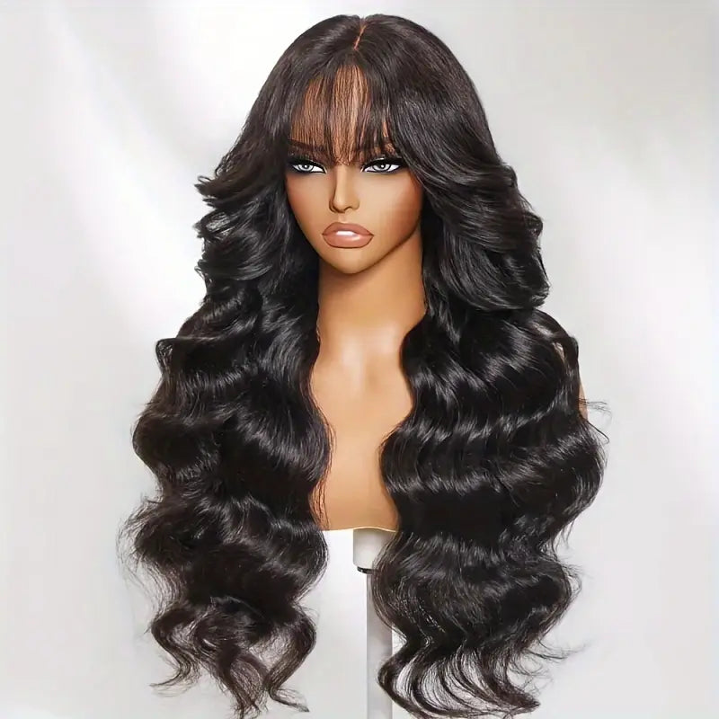 180% Natural Black Body Wave With Fringe 13x4 Lace Frontal Human Hair Wig