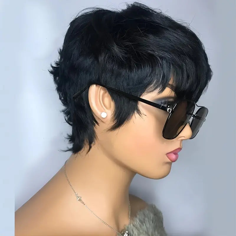 180% Density Natural Black Layered Pixie Cut Wavy Short Human Hair Wigs with Bangs